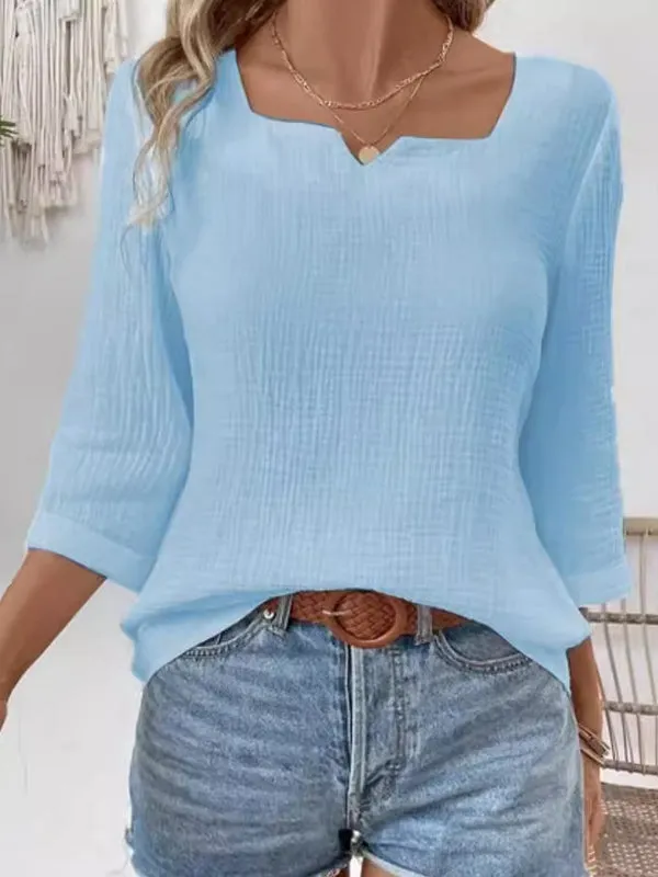 See-Through Solid Color Split-Joint Long Sleeves Loose Square-Neck Blouses&Shirts Tops