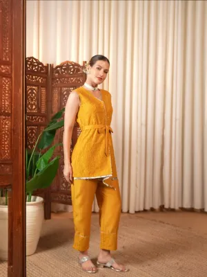 Self Embroidered Asymmetric Top With Belt And Stylish Pants Set Having Lace Details