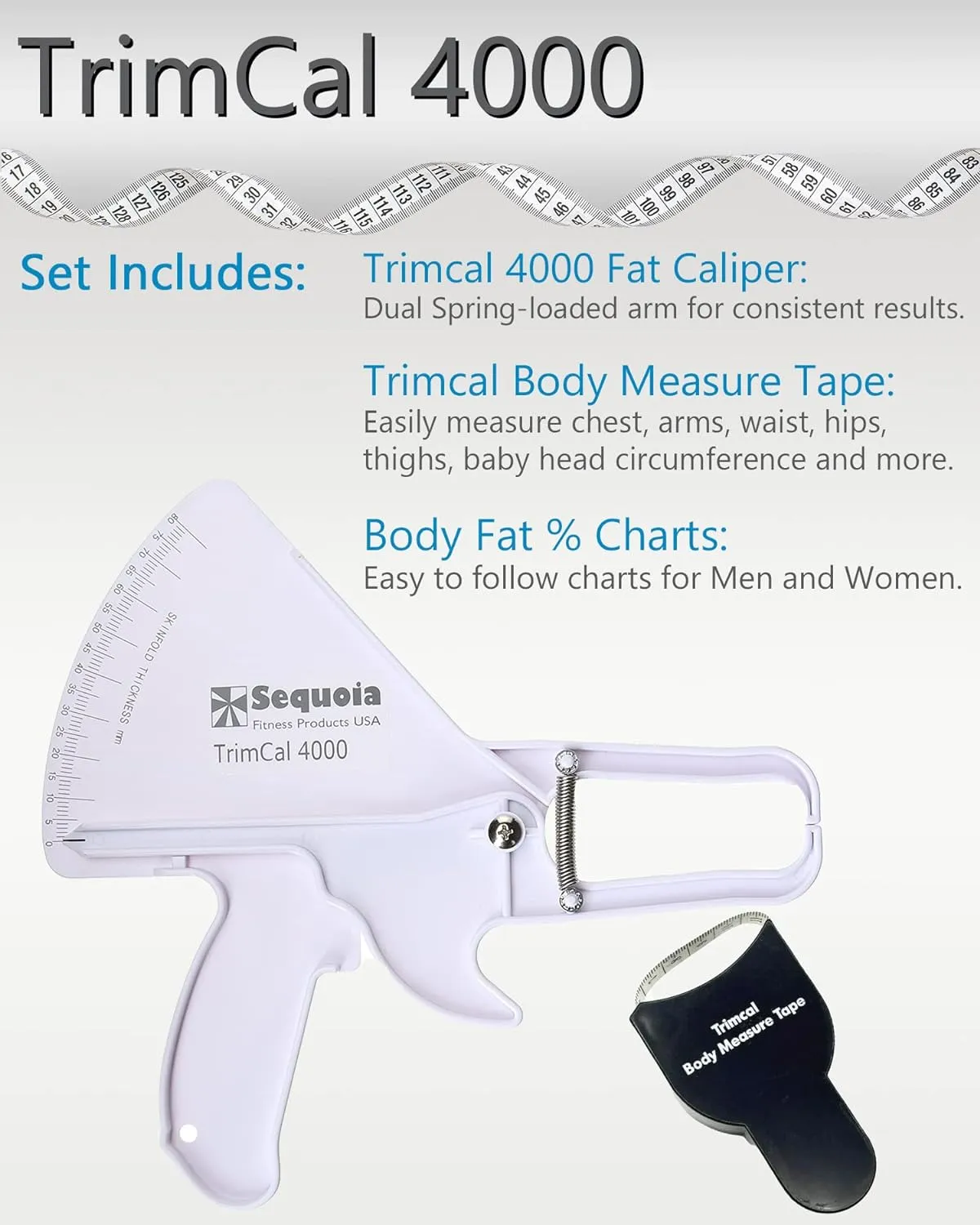 Sequoia Fitness Trimcal 4000 Fat Caliper & Body Tape Bundle