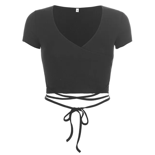 Sexy Cross Bandage V Neck Knitted Crop Top Solid Lace Up Wrap Tees