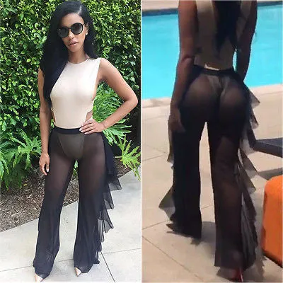Sexy sheer side ruffle bikini swimwear coverup pant