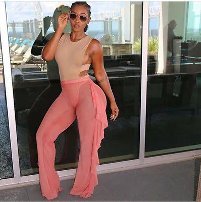 Sexy sheer side ruffle bikini swimwear coverup pant