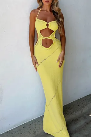 Sexy Vacation Solid Hollowed Out Backless Swimwears Cover Up