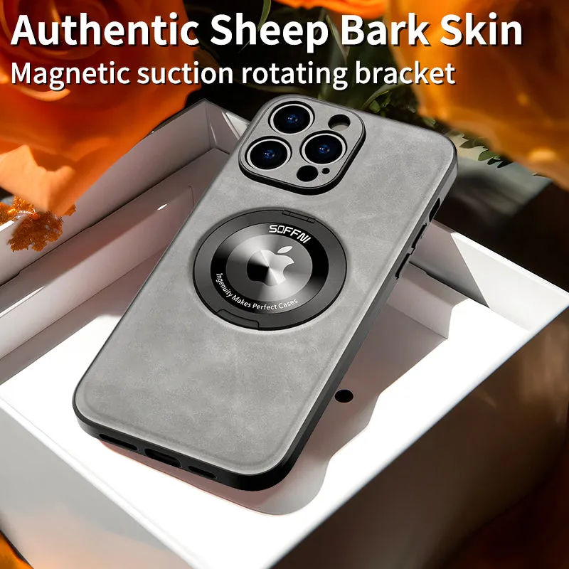 Sheepskin Leather Magsafe Holder Case With Rotating Bracket For iPhone