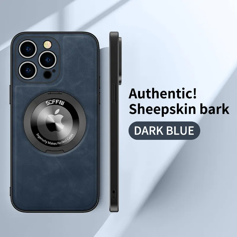 Sheepskin Leather Magsafe Holder Case With Rotating Bracket For iPhone