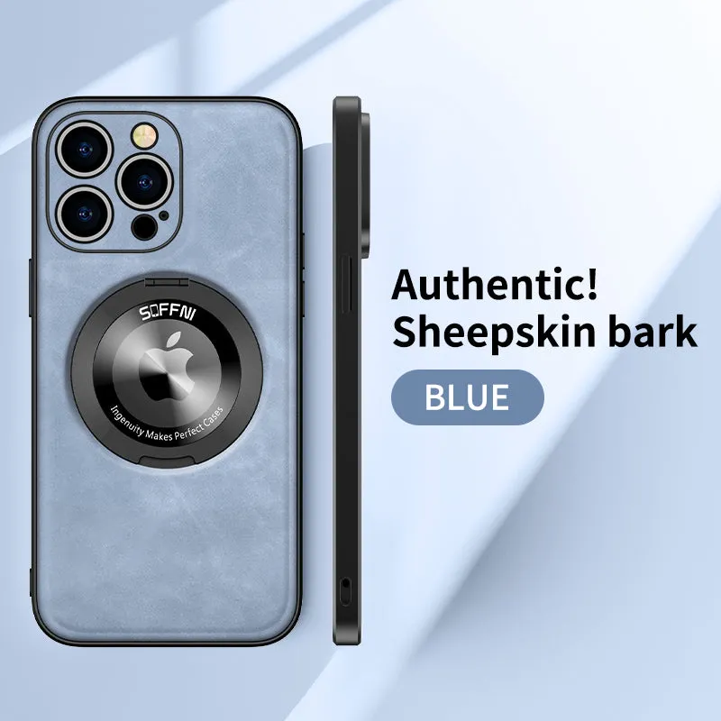 Sheepskin Leather Magsafe Holder Case With Rotating Bracket For iPhone