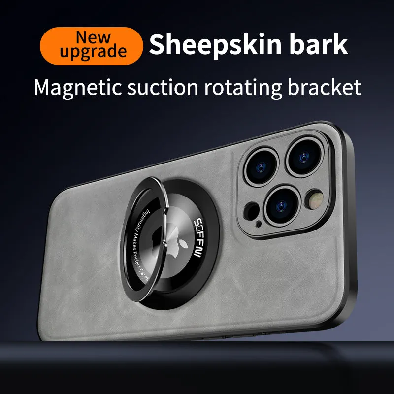 Sheepskin Leather Magsafe Holder Case With Rotating Bracket For iPhone
