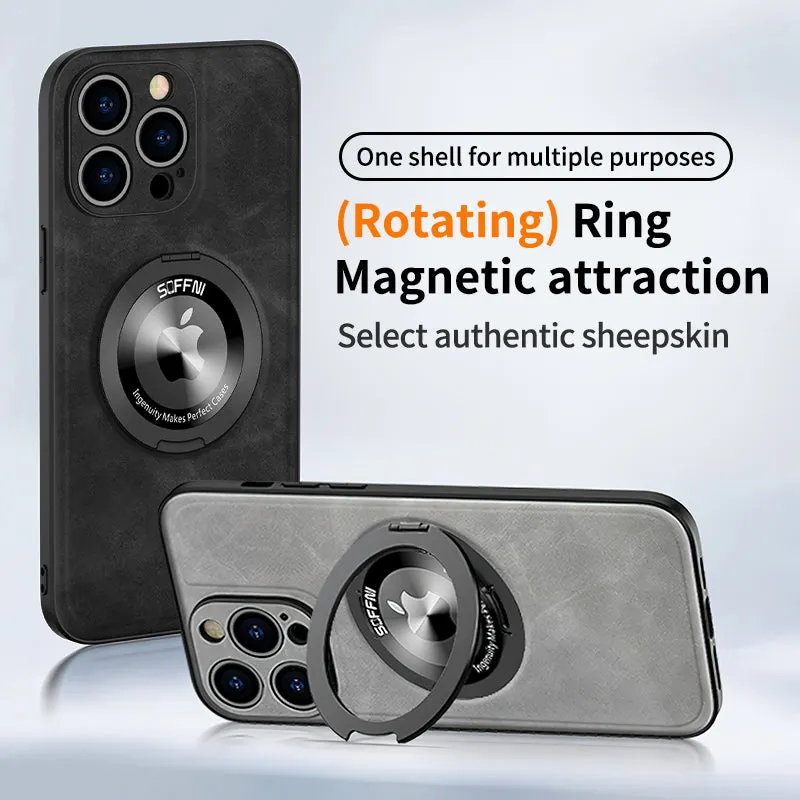 Sheepskin Leather Magsafe Holder Case With Rotating Bracket For iPhone