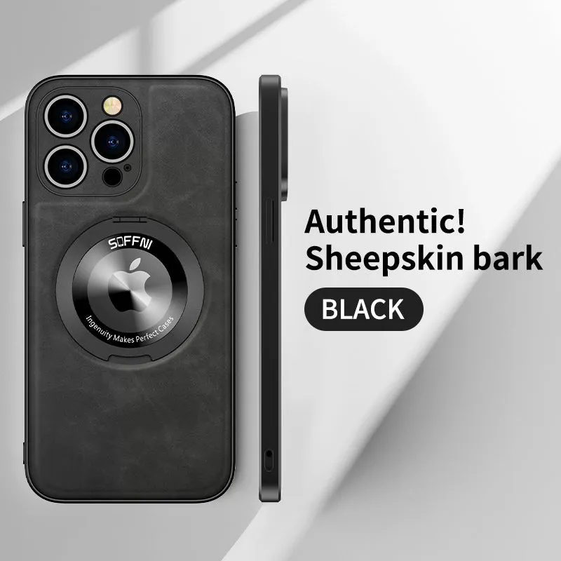 Sheepskin Leather Magsafe Holder Case With Rotating Bracket For iPhone