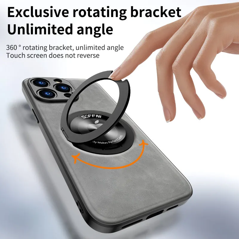 Sheepskin Leather Magsafe Holder Case With Rotating Bracket For iPhone