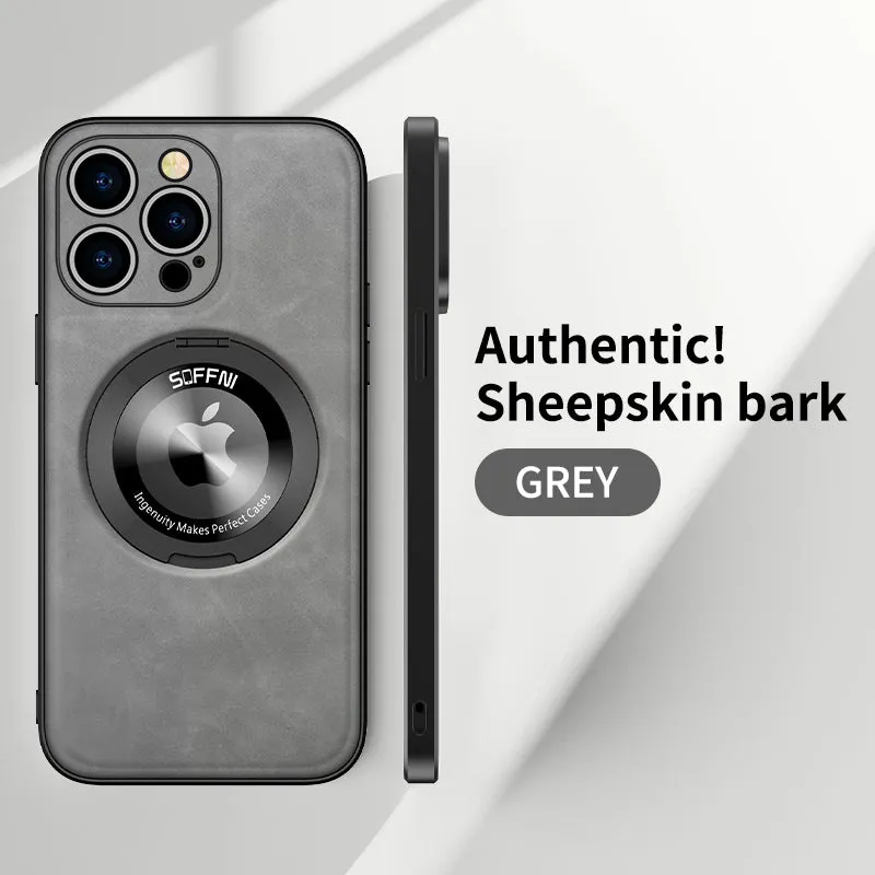 Sheepskin Leather Magsafe Holder Case With Rotating Bracket For iPhone