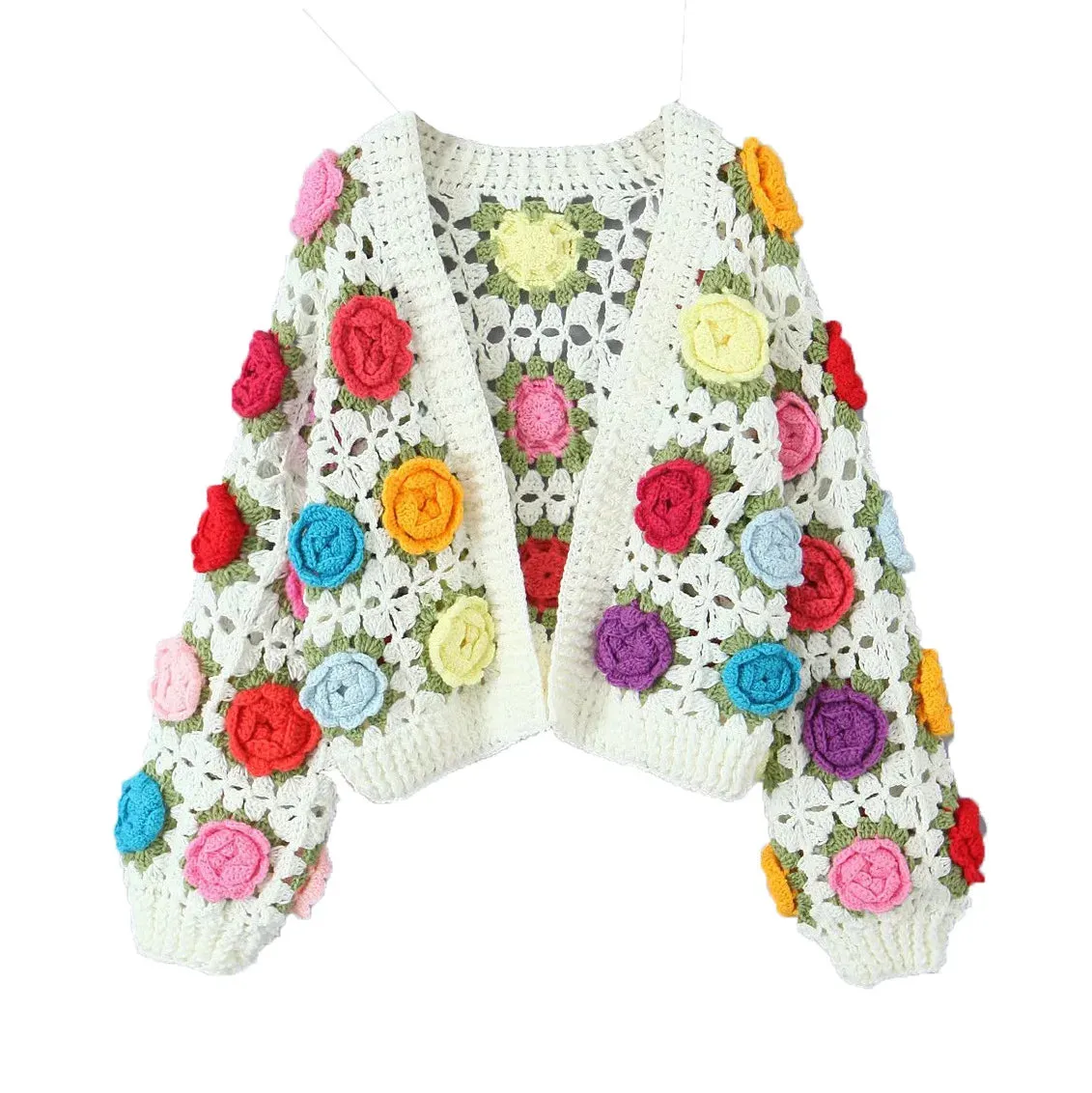 Short Fashion Vitage Out Flower Street Autumn New Splice Hollow Sweater