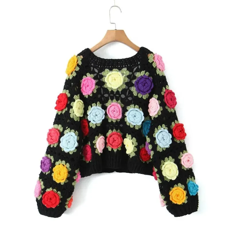 Short Fashion Vitage Out Flower Street Autumn New Splice Hollow Sweater