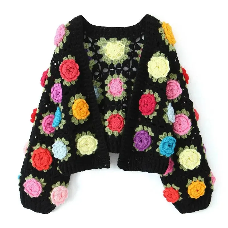 Short Fashion Vitage Out Flower Street Autumn New Splice Hollow Sweater
