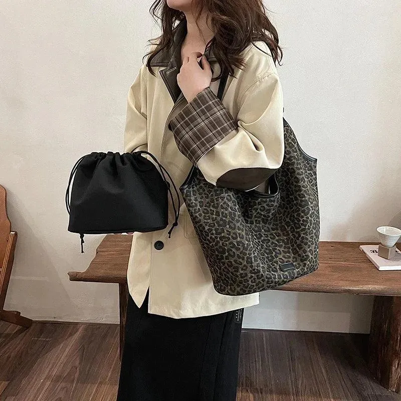 Shoulder Bags Leopard Large Thick Fabric Women's Handbags with Drawstring Purse