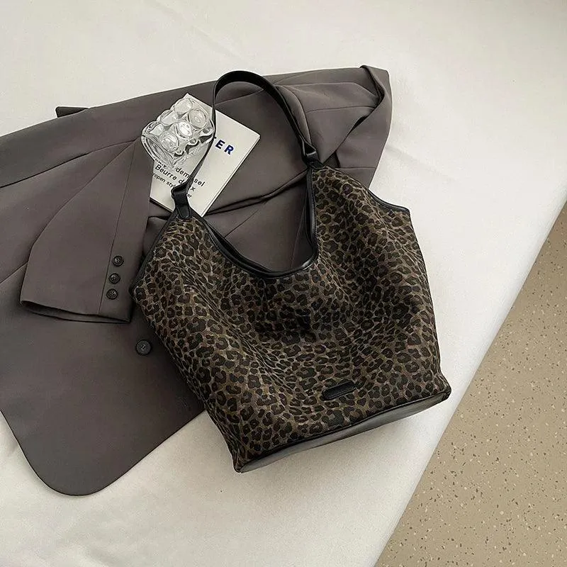 Shoulder Bags Leopard Large Thick Fabric Women's Handbags with Drawstring Purse