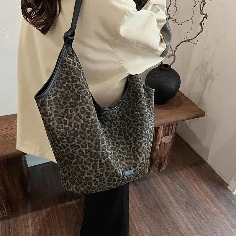 Shoulder Bags Leopard Large Thick Fabric Women's Handbags with Drawstring Purse