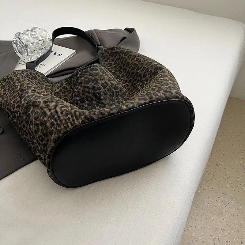 Shoulder Bags Leopard Large Thick Fabric Women's Handbags with Drawstring Purse