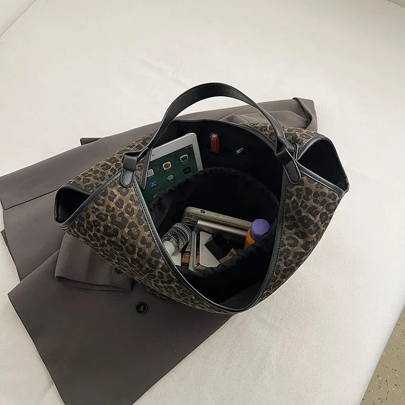 Shoulder Bags Leopard Large Thick Fabric Women's Handbags with Drawstring Purse