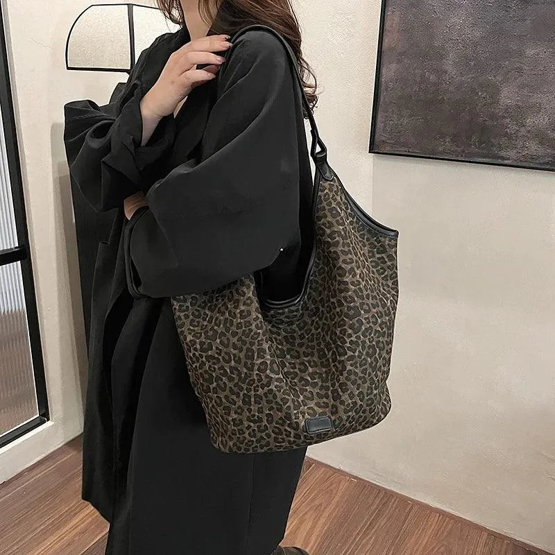 Shoulder Bags Leopard Large Thick Fabric Women's Handbags with Drawstring Purse