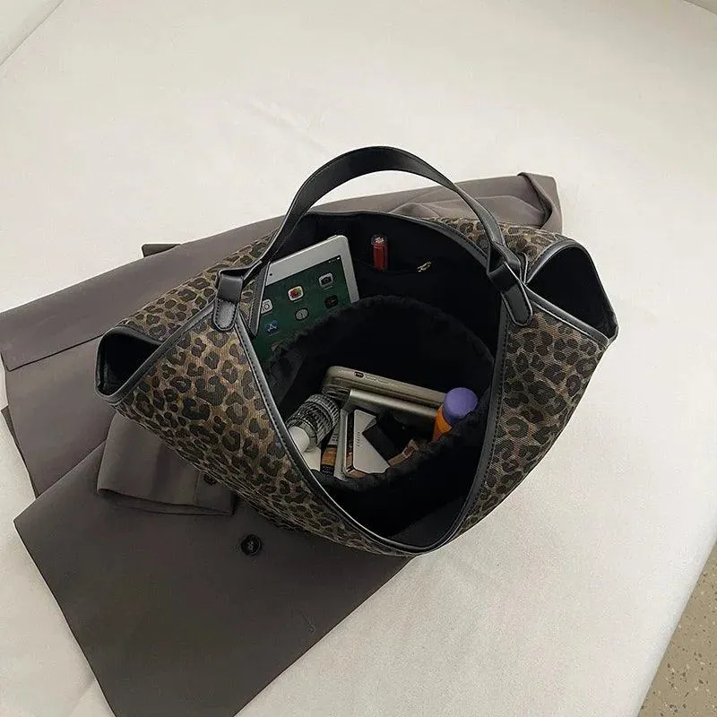Shoulder Bags Leopard Large Thick Fabric Women's Handbags with Drawstring Purse