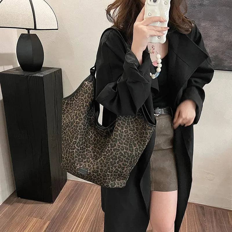 Shoulder Bags Leopard Large Thick Fabric Women's Handbags with Drawstring Purse