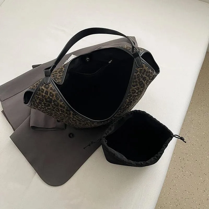 Shoulder Bags Leopard Large Thick Fabric Women's Handbags with Drawstring Purse