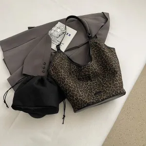 Shoulder Bags Leopard Large Thick Fabric Women's Handbags with Drawstring Purse