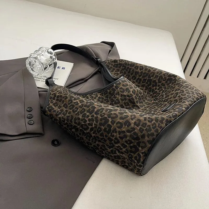 Shoulder Bags Leopard Large Thick Fabric Women's Handbags with Drawstring Purse