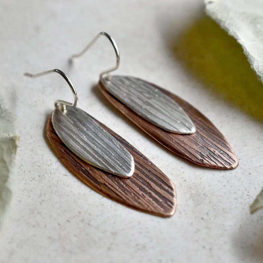 'Silk Texture' Silver & Copper Double Drop Earrings