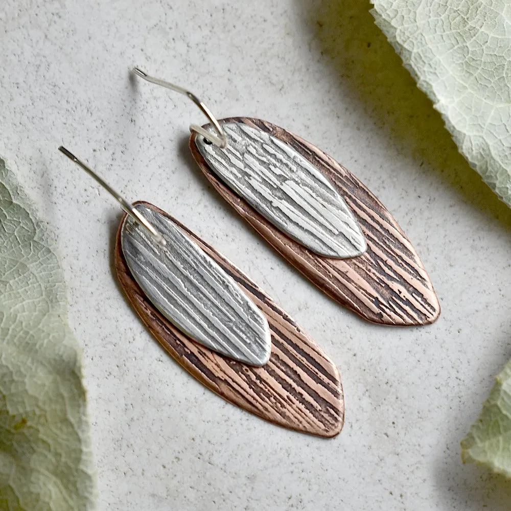 'Silk Texture' Silver & Copper Double Drop Earrings