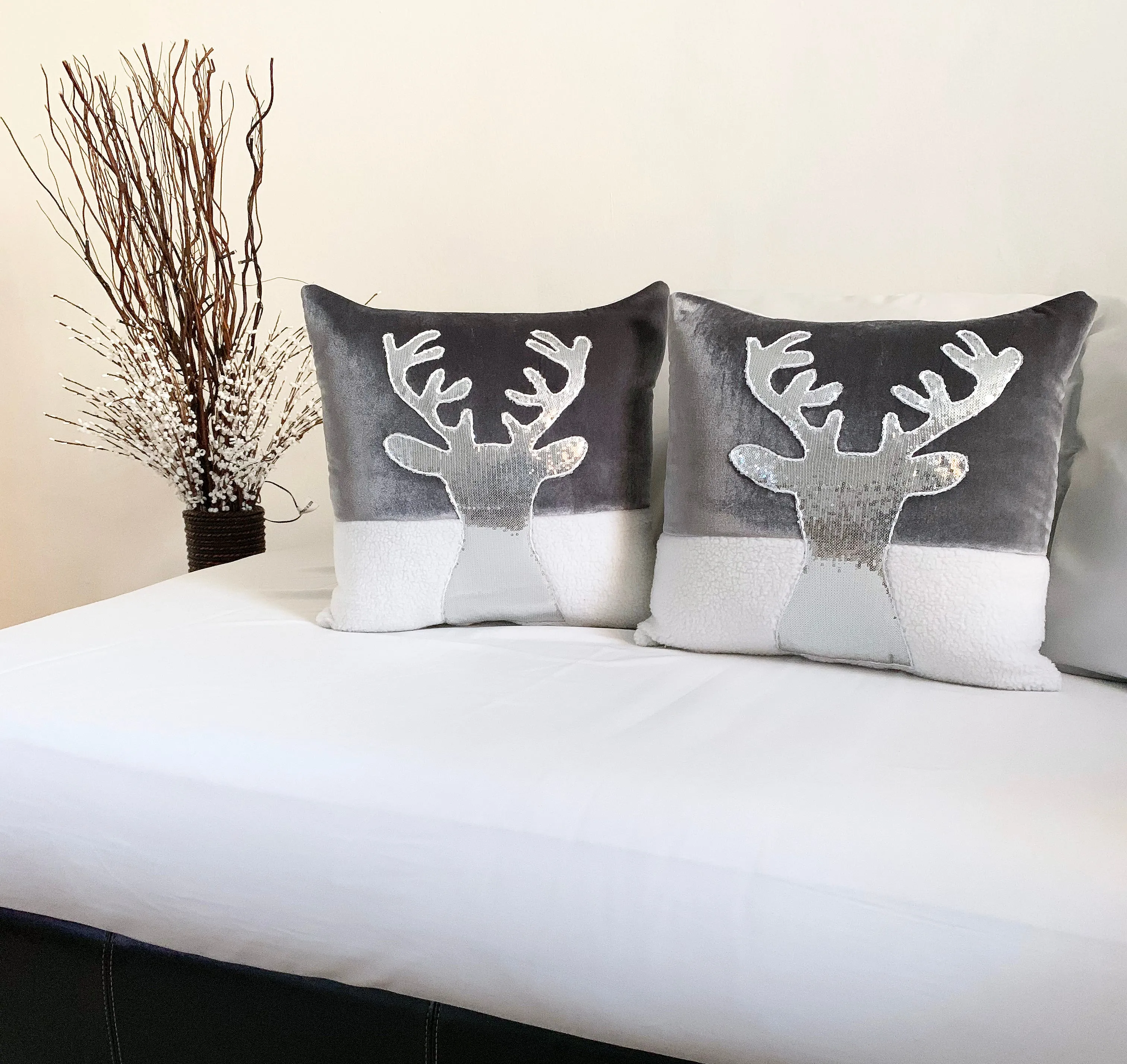 Silver and White Reindeer Christmas Pillow Cover  (Set of 2)