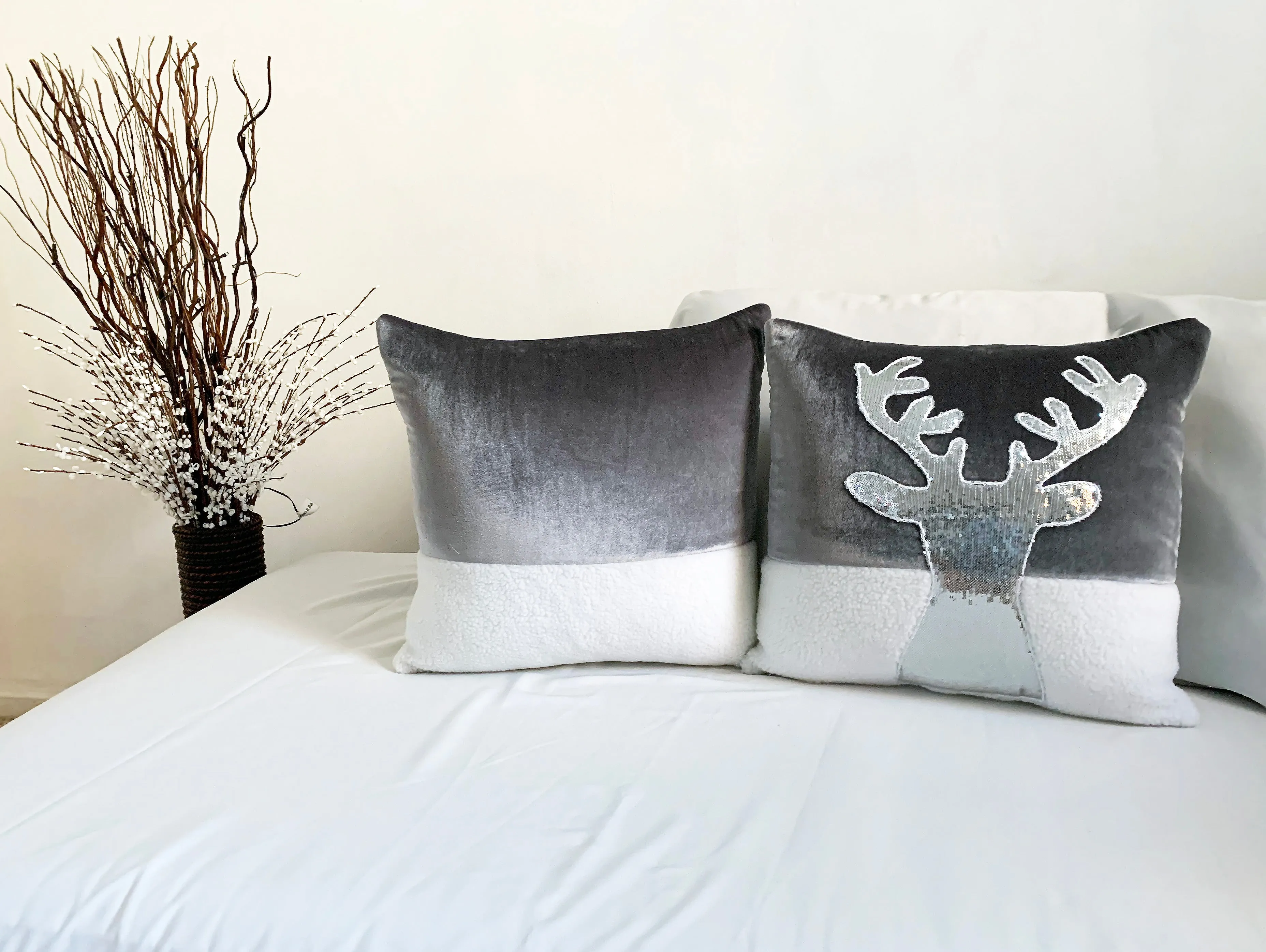 Silver and White Reindeer Christmas Pillow Cover  (Set of 2)