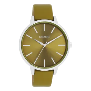 Silver coloured OOZOO watch with olive green leather strap - C11298