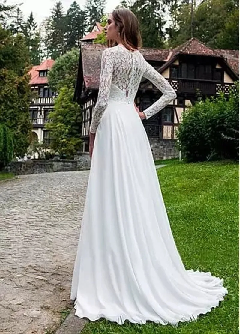 Simple Long Sleeve Lace Chiffon A Line Bridal Wedding Dresses