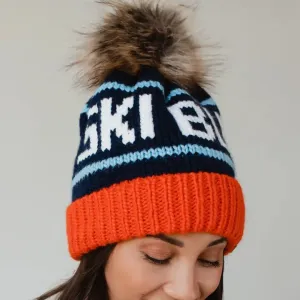 Ski Bum Knit Hat with Faux Fur Pom