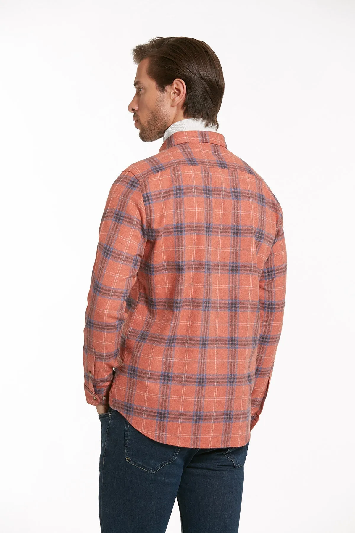 Slim Fit Long Sleeve Plaid Cotton Blend Brick Casual Shirt
