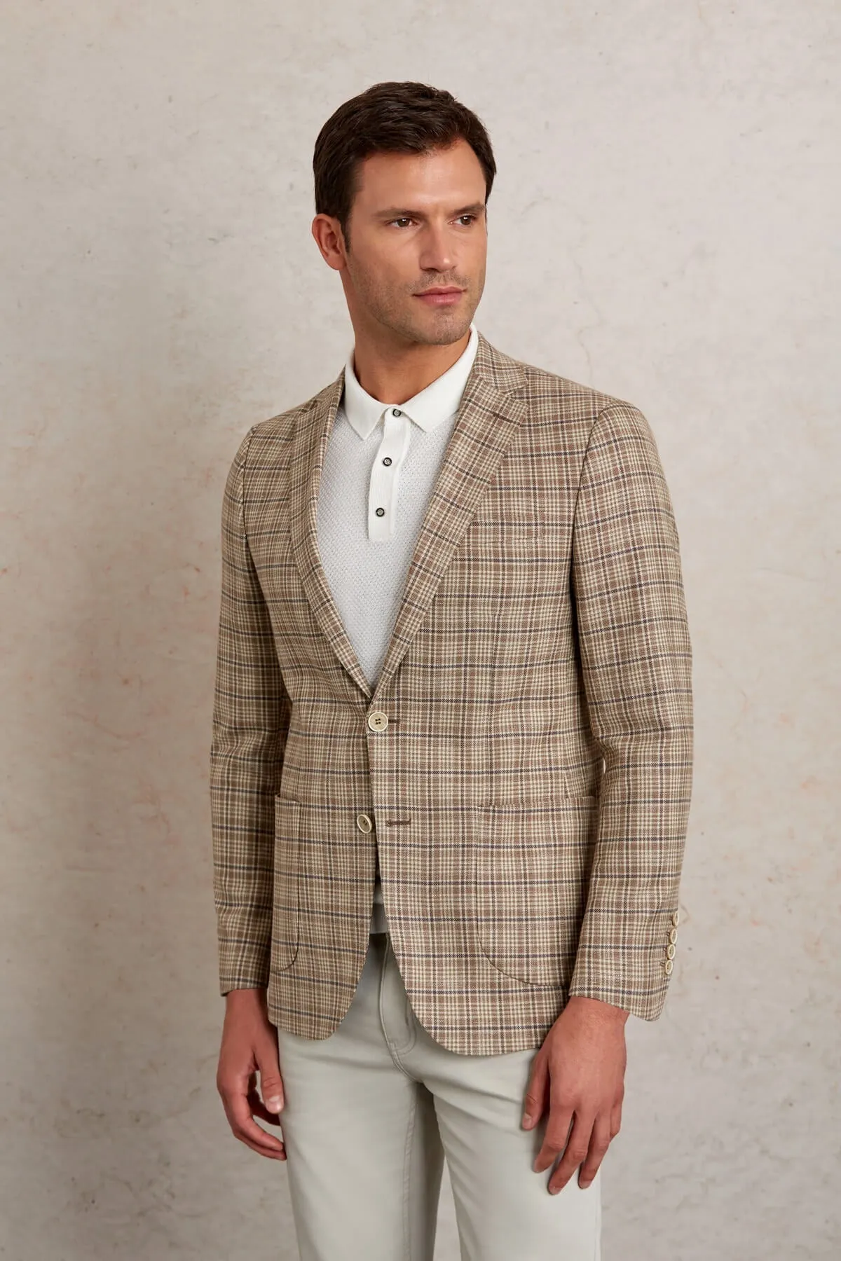 Slim Fit Notch Lapel Plaid Brown Casual Blazer