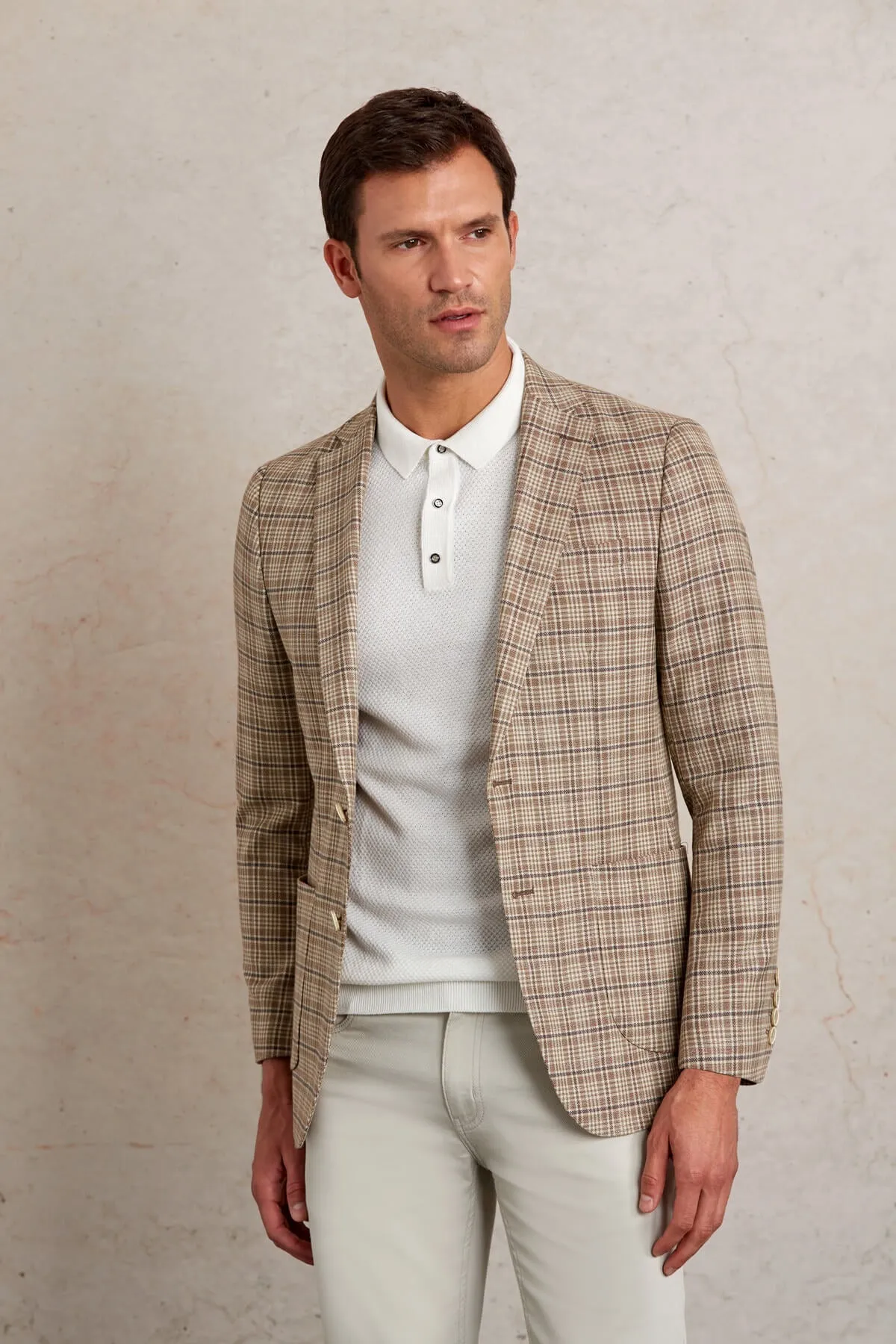 Slim Fit Notch Lapel Plaid Brown Casual Blazer