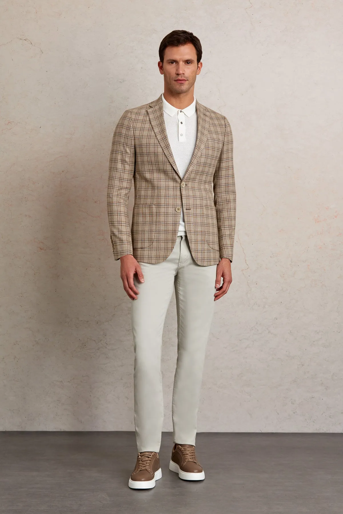 Slim Fit Notch Lapel Plaid Brown Casual Blazer