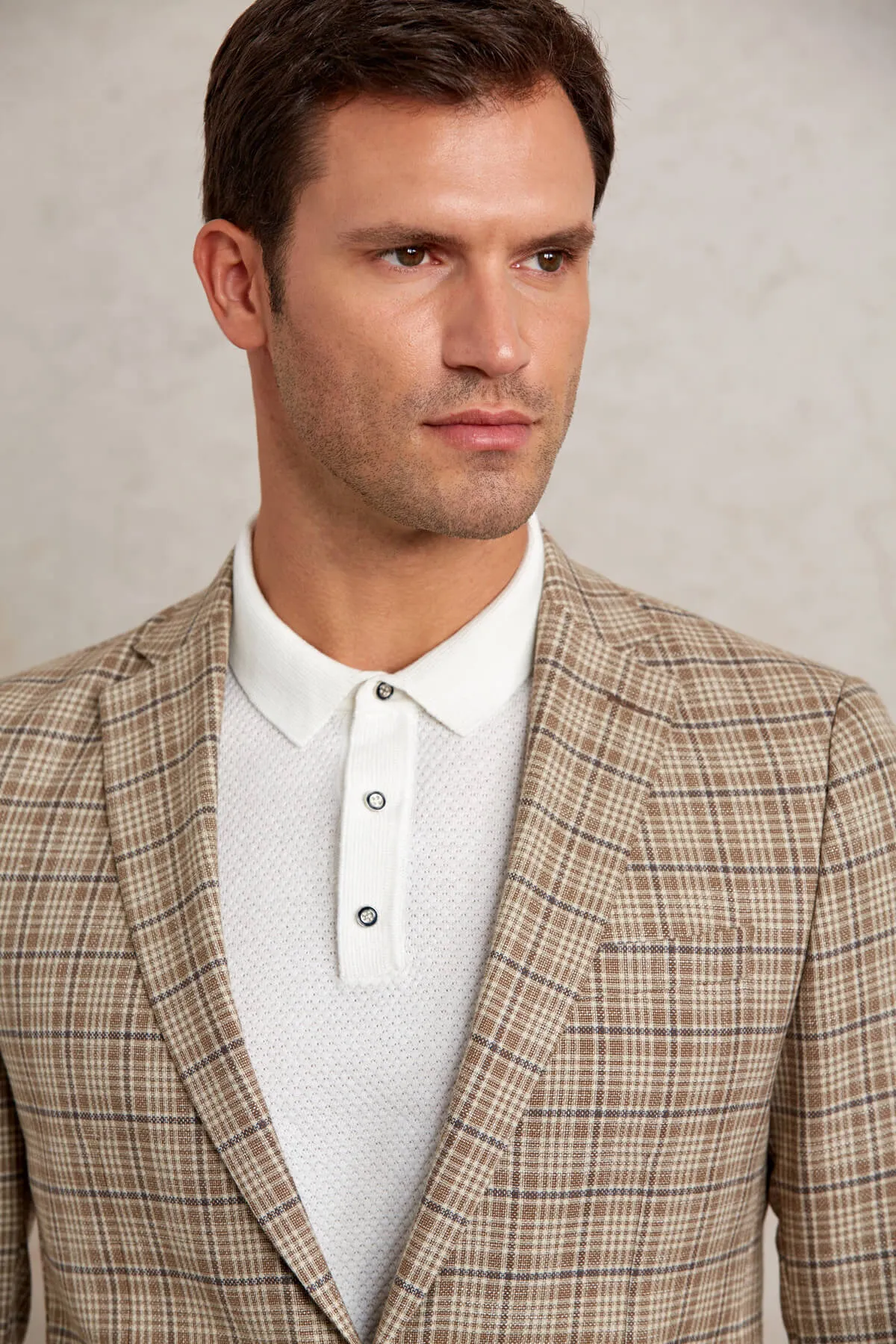 Slim Fit Notch Lapel Plaid Brown Casual Blazer