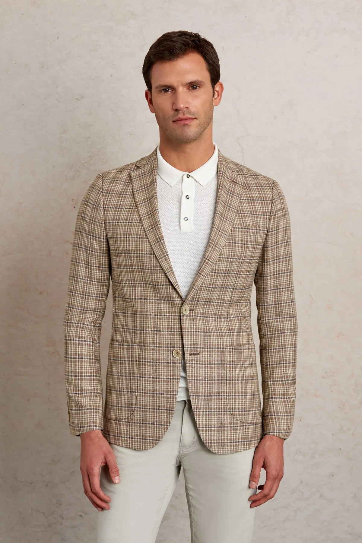 Slim Fit Notch Lapel Plaid Brown Casual Blazer