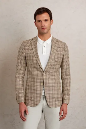 Slim Fit Notch Lapel Plaid Brown Casual Blazer