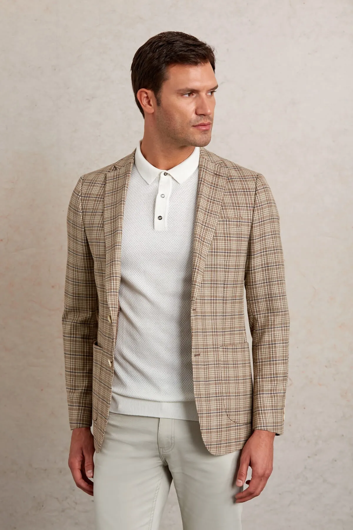 Slim Fit Notch Lapel Plaid Brown Casual Blazer