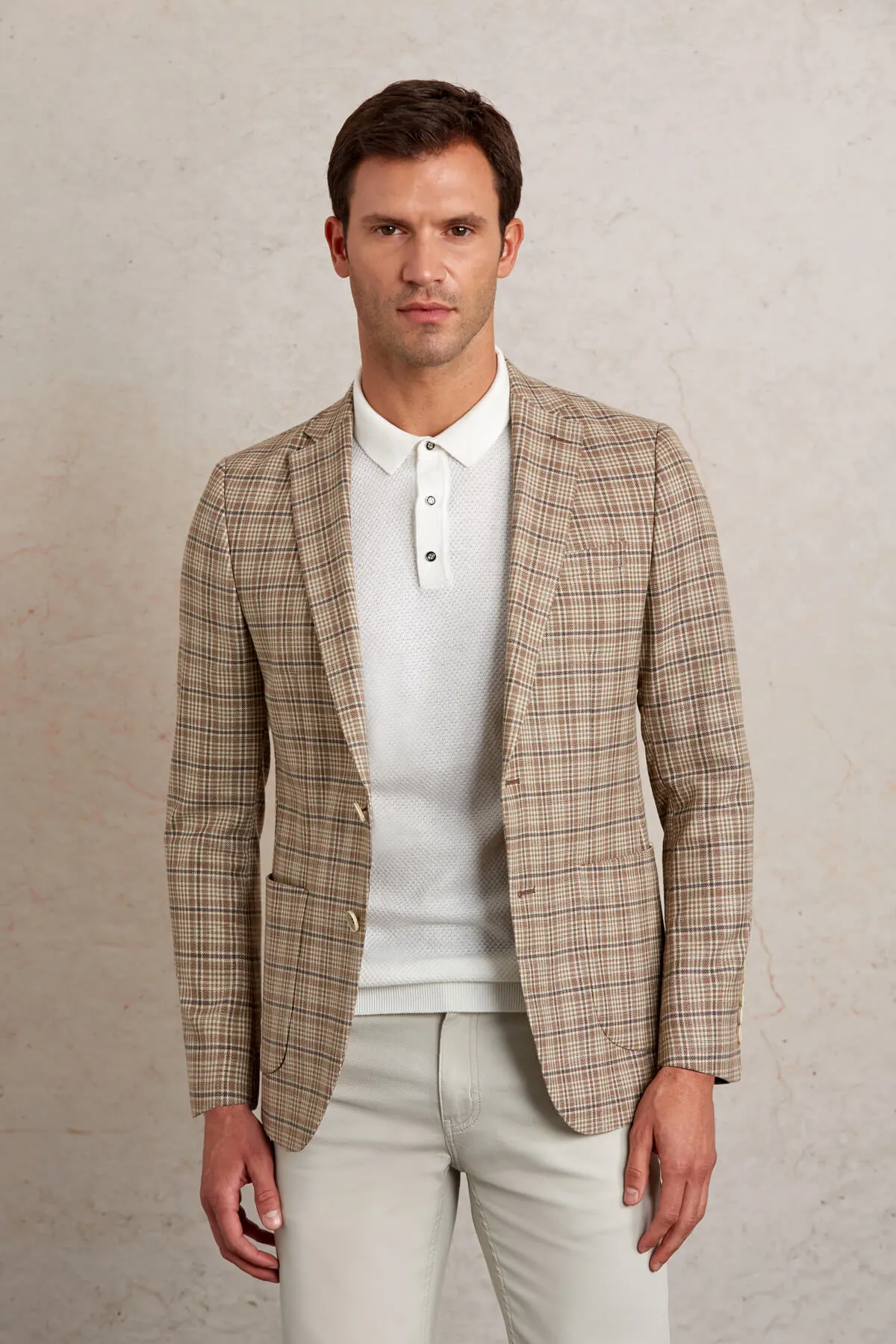 Slim Fit Notch Lapel Plaid Brown Casual Blazer