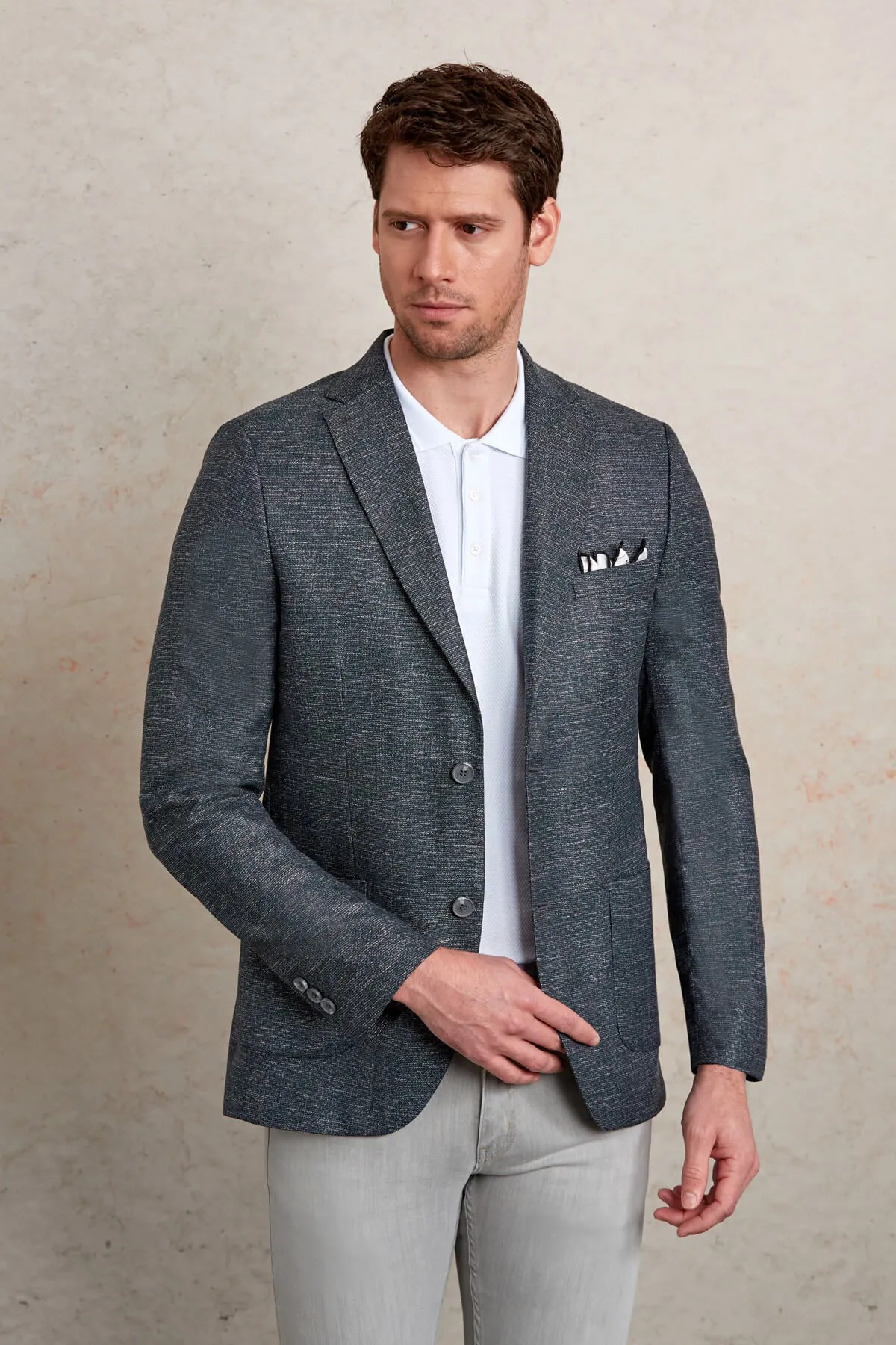 Slim Fit Notch Lapel Textured Khaki Casual Blazer