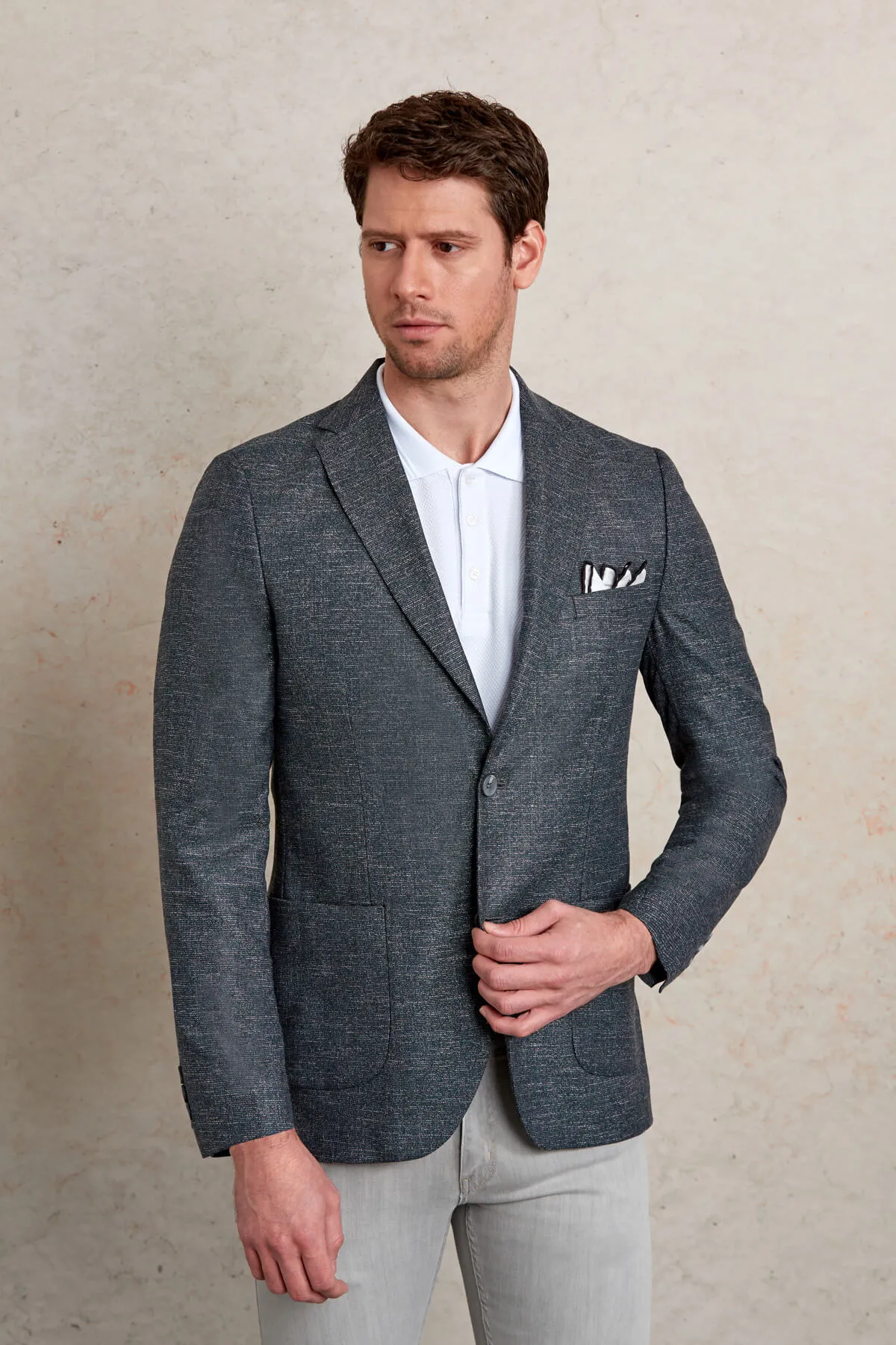Slim Fit Notch Lapel Textured Khaki Casual Blazer