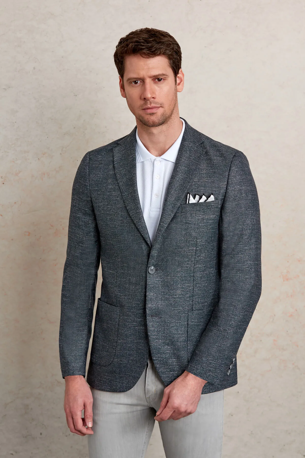 Slim Fit Notch Lapel Textured Khaki Casual Blazer