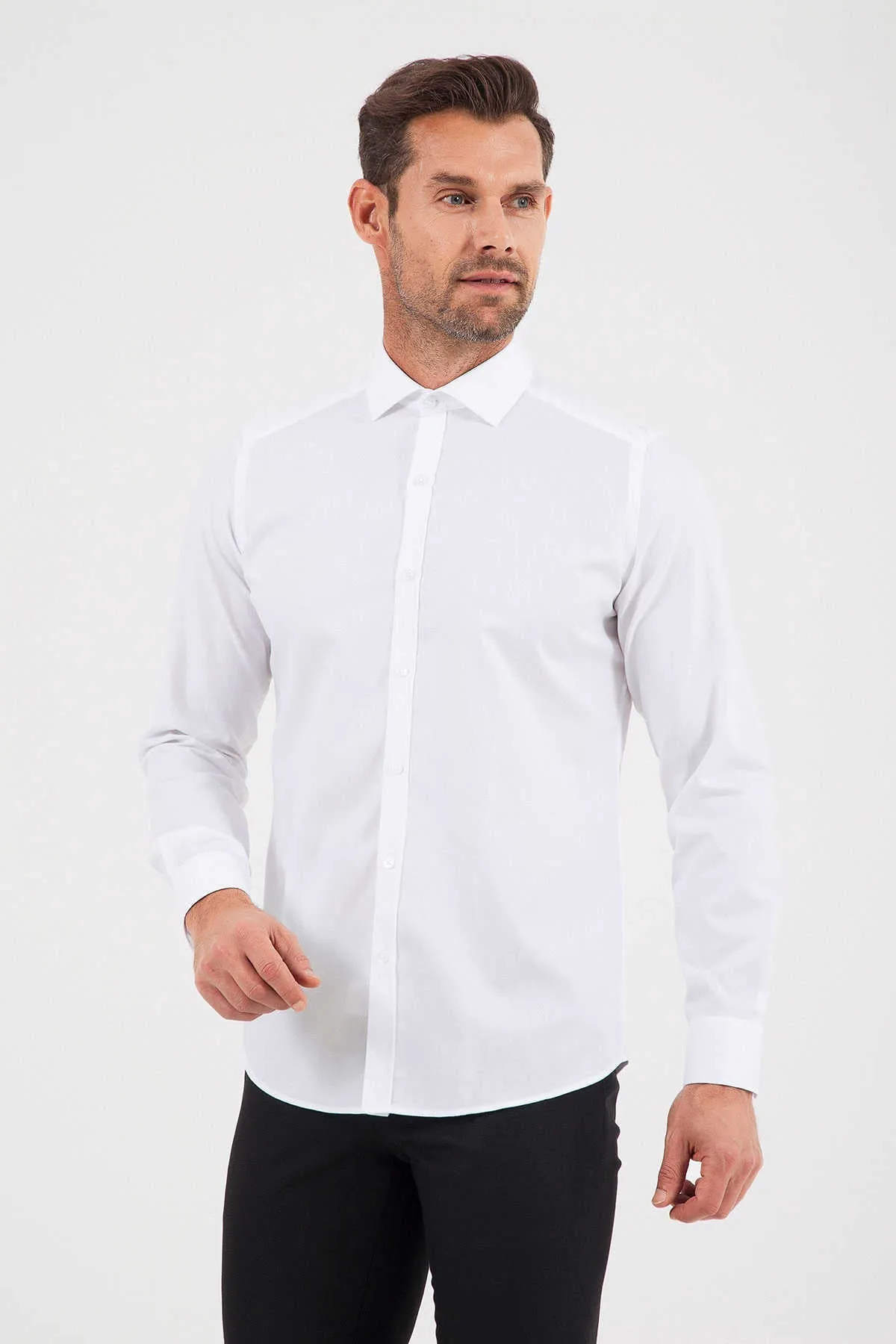 Slim Fit Plain Cotton Blend White Dress Shirt