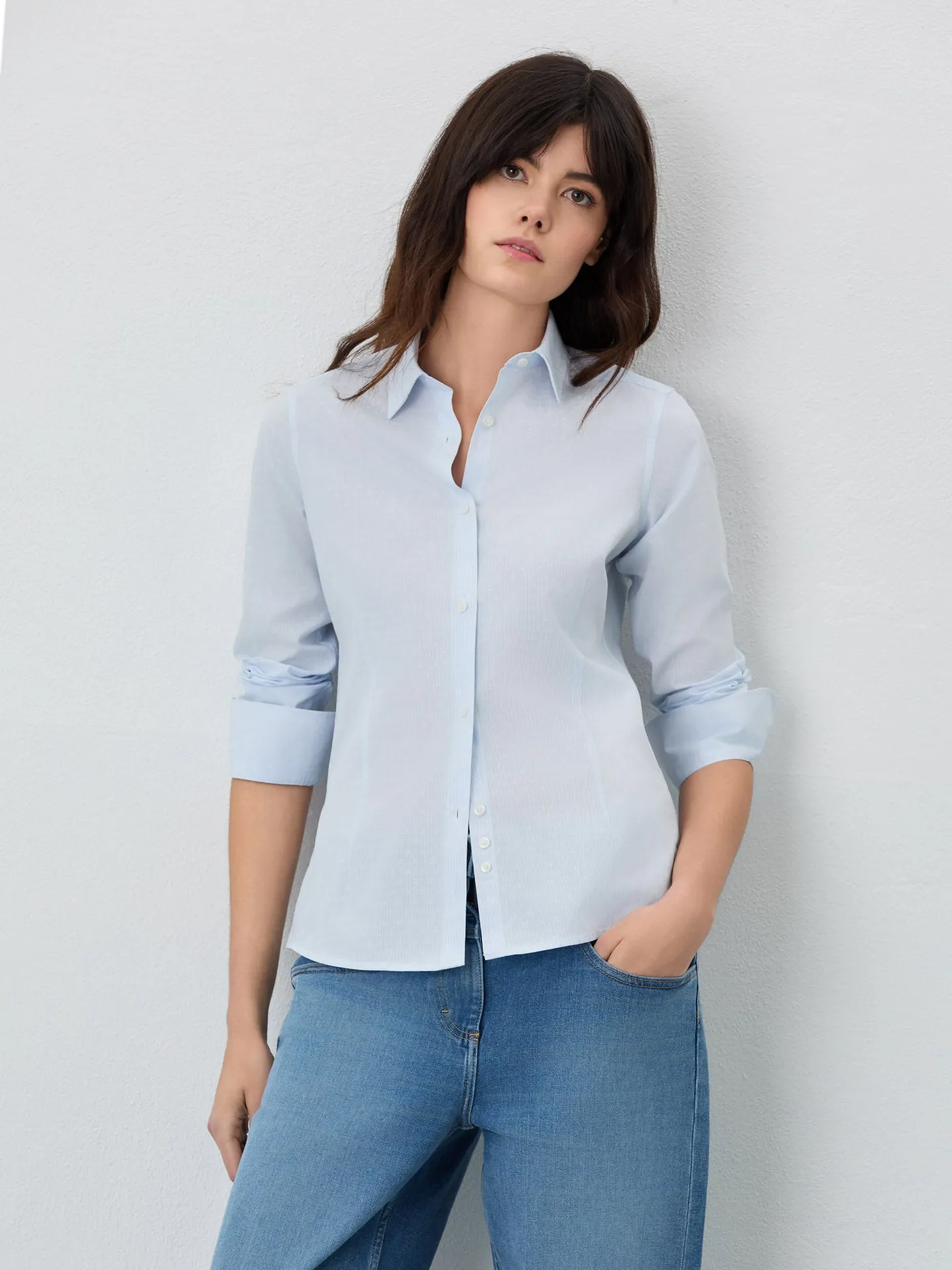 Slim Fit Shirt In Mercerized Cotton Jaquard Fabric With Stripes